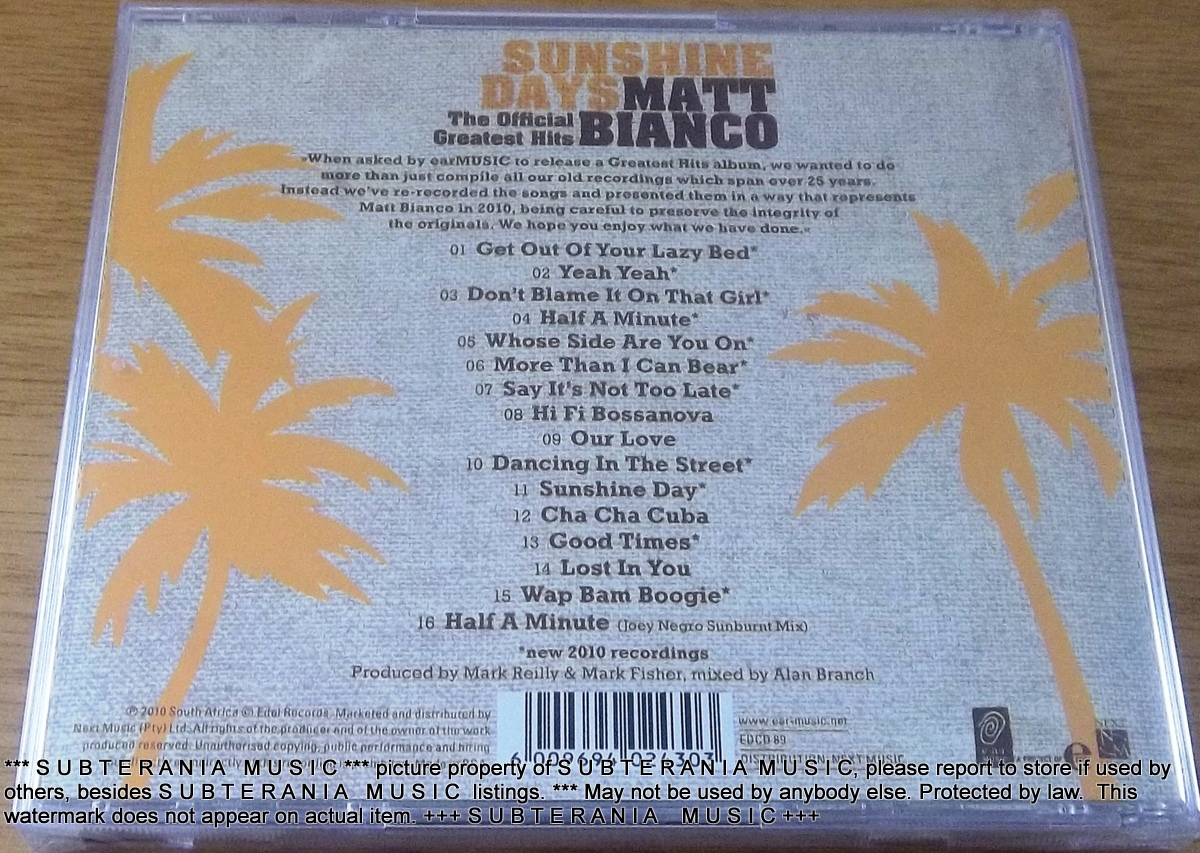 MATT BIANCO Sunshine Days - The Official Greatest Hits SOUTH AFRICA Cat# EDCD 89 - Image 3